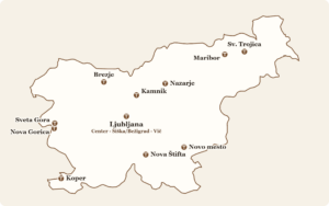 Zemljevid Slovenije z označenimi frančiškanskimi samostani